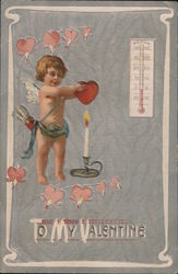 To My Valentine. Cupid warming a heart over a flame. Postcard Postcard Postcard