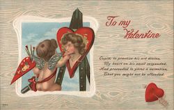 To My Valentine. Cupid painting a portrait on a heart. Postcard Postcard Postcard