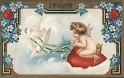 To My Valentine (Cupid flying on dove-drawn heart) Postcard