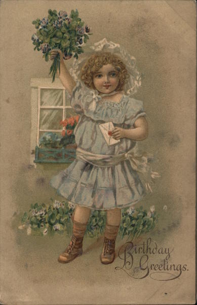 Birthday Greeting, little girl holding a card and flowers Postcard