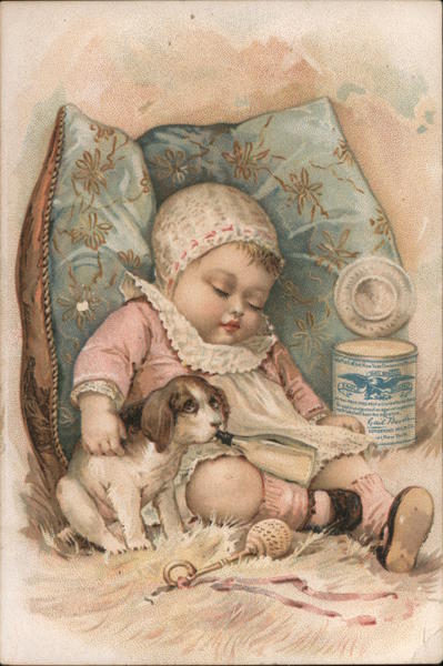 Baby and Puppy. Ad for Condensed Milk. Advertising Trade Card