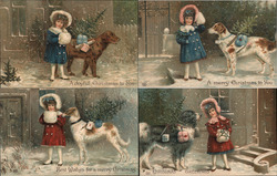 Set of 4: Christmas Girls with Dogs Postcard