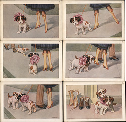 Set of 6: Woman and Man with Dogs, Art Deco Artist Signed A. Bertiglia Postcard Postcard Postcard