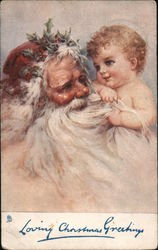 Loving Christmas Greetings - Jolly Santa Holding a Baby Santa Claus Postcard Postcard Postcard