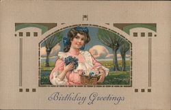 Birthday Greetings - Girl in Pink Dress With Basket of Flowers Postcard