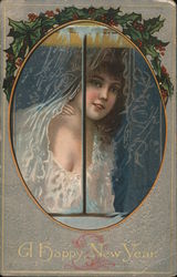 A Happy New Year - Lady Looking Through Window Postcard