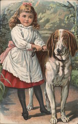 Girl and Dog. Advertising an early anaesthetic for dentistry. Postcard