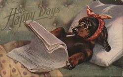 Happy Days. Dachshund smoking in bed and reading a newspaper. Dachshunds Postcard Postcard Postcard