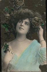 Woman in Blue, Roses Postcard