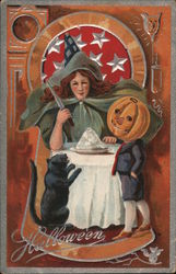 Hallowe'en. Witch, black cat, and pumpkin-headed boy Halloween Postcard Postcard Postcard