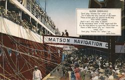 Aloha Honolulu. Matson Navigtion Co. ship departing. Postcard