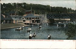 Public boat house at riverside with Railroad bridge Postcard