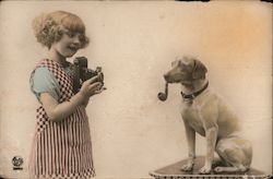 Girl Taking a Picture of a Dog with a Pipe. Dogs Postcard Postcard Postcard