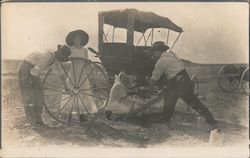 Two Couples Change a Buggy Wheel Postcard