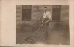 Man With Mutton Chops, Suspenders, Reel Lawnmower Men Postcard Postcard Postcard