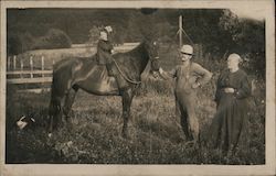 Farm Couple with Girl on Hourse, and Dog Horses Postcard Postcard Postcard