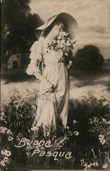 Buona Pasqua - Woman in Field of Wild Flowers Easter Postcard Postcard Postcard