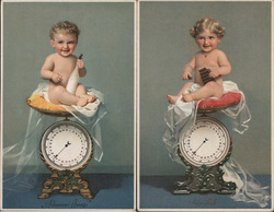 Set of 2: Baby Boy and Girl on Scale Postcard