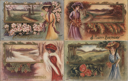 Lot of 4: Women, Flowers Birthday Greetings Postcard