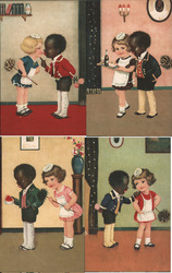 Set of 4: French Black Boy Butler & White Girl Maid Glow in Dark Children Rare Hold To Light Postcard Postcard Postcard