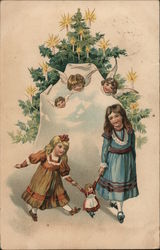 Two Girls With a Doll, Christmas Tree With Candles, Angels Children Postcard Postcard Postcard