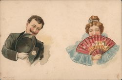 Man with a Hat and Woman with a Oriental Fan. Postcard