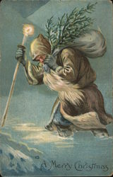 A Merry Christmas -- Santa Carrying a Tree Postcard