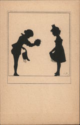 Silhouette of a Man offering Flowers to a Woman Postcard