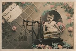 Baby in Basket being Weighed on a Scale Postcard