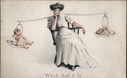 Woman With Imaginary Scale - Balancing Baby or Money - Which Shall It Be? Comic, Funny Postcard Postcard Postcard