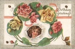 Birthday Greetings -- Roses and Child Postcard Postcard Postcard