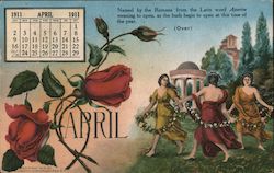 April 1911 Calendar Postcard - Maidens Dancing with Flowers, Roses - Advertising for James A. Johnston Calendars Postcard Postca Postcard