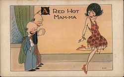 A Red Hot Mam-ma, Two Men looking at a Woman Postcard