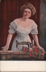 Woman Posing Behind a Sewing Machine Postcard