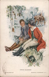 "Spring Business" Equestrians Sitting on a Log, Harrison Fisher Postcard Postcard Postcard