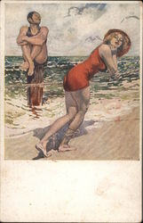 Woman with Red Swimsuit on the Beach Postcard