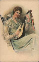 Illustration of Woman Playing Lute - Arno Grimm Artist Artist Signed Postcard Postcard Postcard