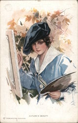 Autumn's Beauty, Woman in Hat Painting. Postcard