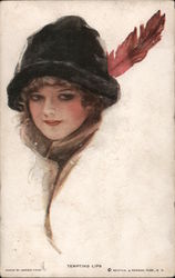 Tempting Lips, Woman in Hat with Feather Artist Signed Harrison Fisher Postcard Postcard Postcard