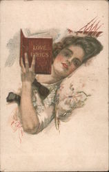 Love Lyrics: Woman reading in bed Artist Signed Harrison Fisher Postcard Postcard Postcard