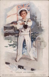 Steady and Strong - Sailor in White Uniform, Royal Navy Flag and Ships Postcard