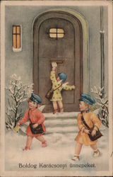 Hungarian Language Merry Christmas - 3 Children Delivering Letters Postcard