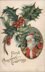 Fond Christmas Greetings! Santa a Holly Postcard