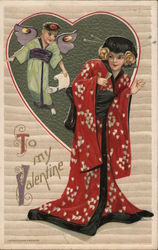 To my Valentine: Woman and Cupid in Oriental Dresses Postcard