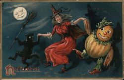 Black Cat, Witch, and Scarecrow Dancing Under Full Moon Series 150 Postcard