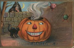 A Happy Halloween -- Jack-o-lantern, Black Cat, and Witch Postcard Postcard Postcard