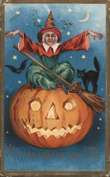 May Your Halloween Wish Come True -- Witch and Black Cat Sitting on Jack-o-lantern Postcard