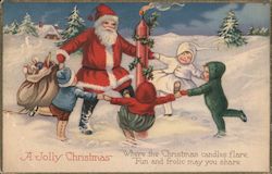 A Jolly Christmas -- Children and Santa Dancing Around Candle Postcard Postcard Postcard