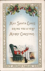 May Santa Claus Bring You a Very Merry Christmas -- Santa Relaxing by Fireplace Postcard