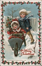 A Merry Christmas -- Children in Wheelbarrow Postcard Postcard Postcard